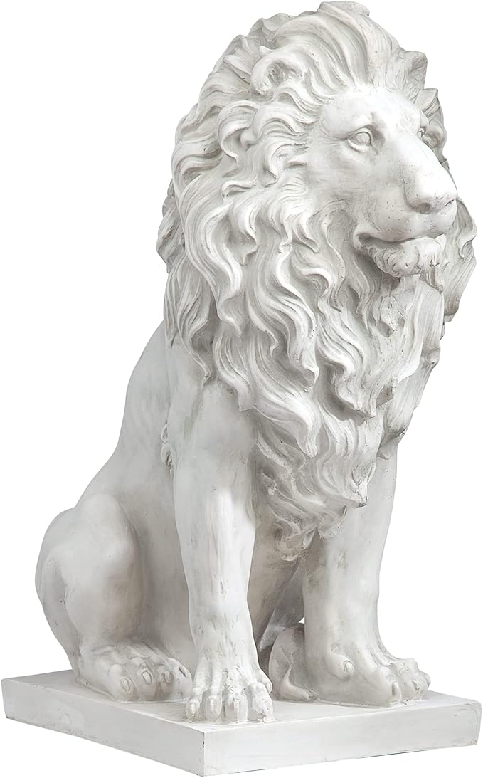 Design Toscano Lion of Florence Sentinel Statue (13 Inches Wide, 21 Inches Deep, 28 Inches High) and Classic Statuary Garden Plinth Base Riser, Large (15 Inches Wide,14 Inches Deep,15 Inches High)-Ruum Studio Home
