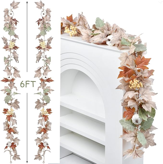 DearHouse 2 Pack Fall Maple Leaf Hanging Vine Garland Artificial Autumn Foliage Thanksgiving Decor for Home Wedding Fireplace Party Christmas (White&Green)-Ruum Studio Home