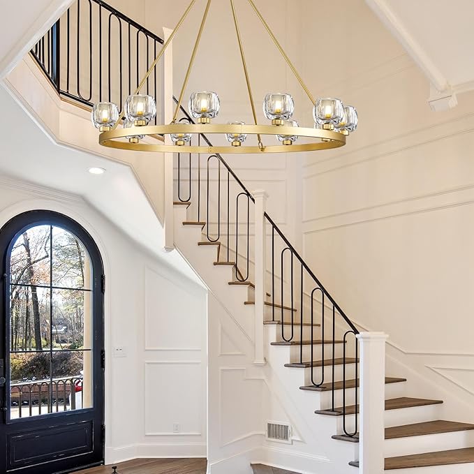 Gold Wagon Wheel Chandelier, 48 Inch Brass Chandeliers with Unique Glass Shade, 12-Light Crystal Large Wagon Wheel Chandeliers for Dining Room, High Ceiling Round Chandelier for Living Room, Foyer-Ruum Studio Home
