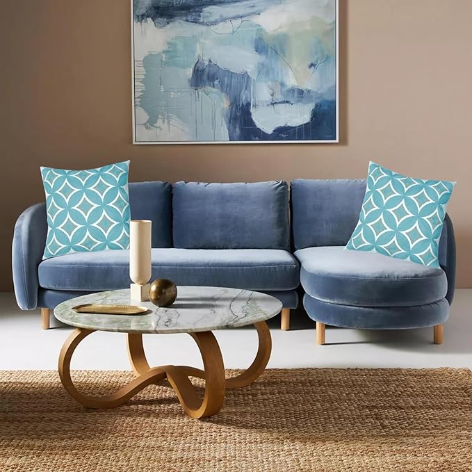 Embroidered Decorative Throw Pillow Cover, 18"x18" Set of 2, Farmhouse Pillowcase Blue Knit Pattern Cotton Canvas Cushion Case Square Floral Pillow Case for Sofa Couch Bed Living Room-Ruum Studio Home