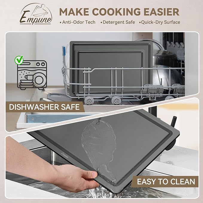 Empune Plastic Cutting Board Set, Recycled Plastic Cutting Boards for Kitchen (Set of 3), Dishwasher Safe Large Chopping Board with Holder, Non-slip Feet and Juice Grooves, Nonporous, Grey-Ruum Studio Home