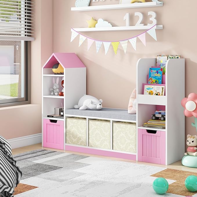 Toy Storage Organizer for Kids Bookshelf with Reading Nook, Multifunctional Kids Bookcase with 7 Storage Cubbies, 2 Movable Drawers and Seat Cushion for Keeping Kids' Toys Books Organized, Pink-Ruum Studio Home