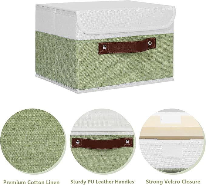 ANMINY Storage Boxes with Lids Washable Decorative Storage Bins Basket with PU Leather Handle Foldable Linen Fabric Storage Cubes Containers for Home Closet Organizer - Green White, Small Size-Ruum Studio Home