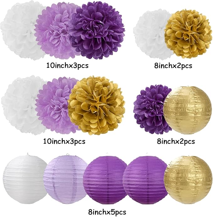 Purple White-Gold Party-Decorations Paper Flowers Lanterns - 15PCS Graduation Lavender Tissue Pom Poms Streamers,Wedding Birthday Bachelorette Baby Shower Classroom Hanging Supplies Decor Hugfond-Ruum Studio Home