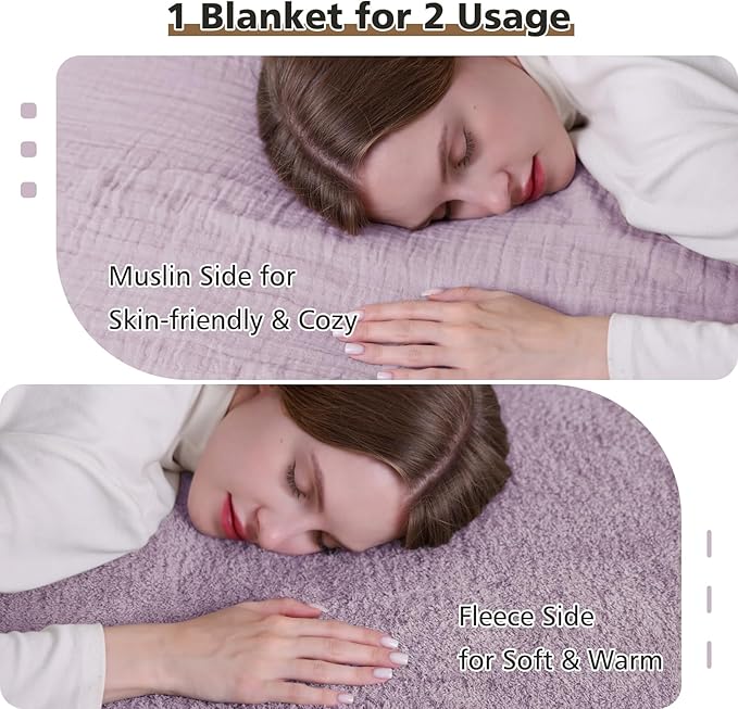 EMME Muslin and Fleece Twin Blanket Reversible - 60"*80" Lavender Soft Warm Throw Blankets for Couch Bed Picnic Travel Bed-Ruum Studio Home
