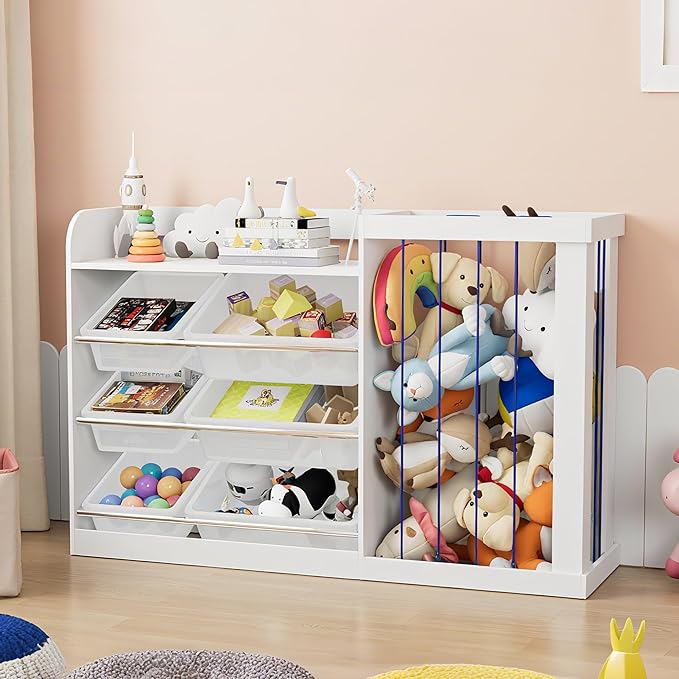 Kids Toy Storage Organizer with 3 Removable Plastic Bins Toddler Montessori Bookshelf with Stuffed Animal Net Holder Baby Bookcase Plush Organizer for Playroom, Bedroom,Kids Room,Classroom,Nursery-Ruum Studio Home