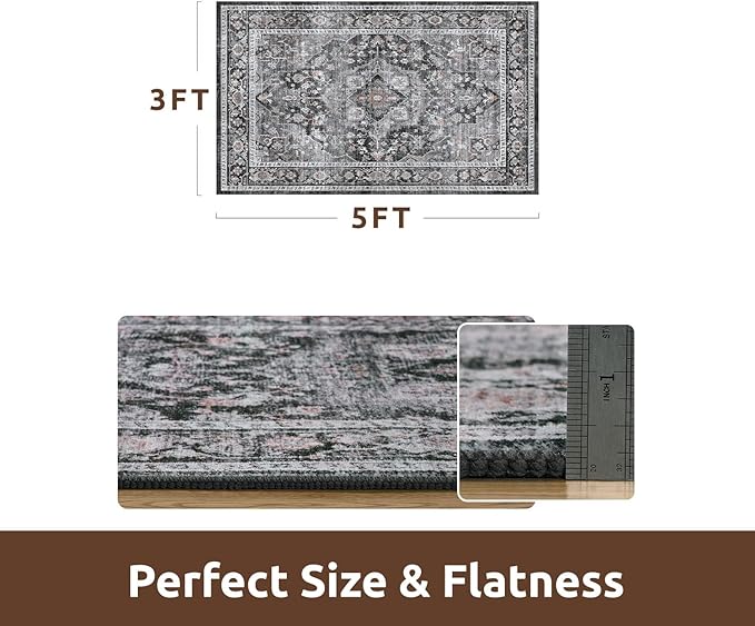AMOAMI-3X5 Area Rug-Soft Washable Rugs for Living Room Bedroom -Non Slip Entryway Rug-Indoor Vintage Throw Rug Accent Rug for Living Room Laundry Room Kitchen Bathroom Bedside Dark Grey & Black-Ruum Studio Home