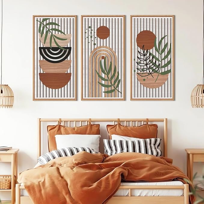 IARTTOP Large Boho Wood Wall Art Framed 16x32 Inch Mid century Modern Wooden Wall Decor Abstract Bohemian Minimalist Art Decor for Bedroom Living Room Office Set of 3-Ruum Studio Home