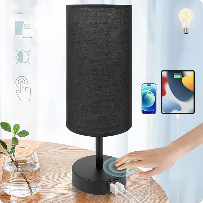 Yarra-Decor Bedside Lamp with USB Port - Touch Control Table Lamp for Bedroom 3 Way Dimmable Nightstand Lamp with Round Black Fabric Shade for Living Room, Dorm, Home Office (LED Bulb Included)-Ruum Studio Home