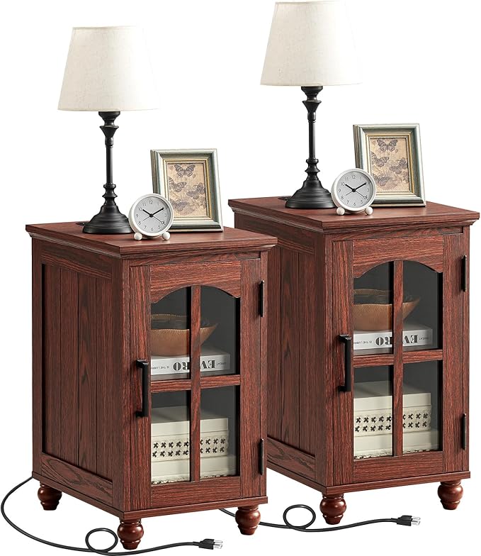 Narrow Side Table Set of 2,Farmhouse Nightstand with Charging Station,End Table with Glass Barn Door Storage, Cabinet Organizer with Adjustable Shelf, Night Stand for Small Spaces Living Room Bedroom-Ruum Studio Home