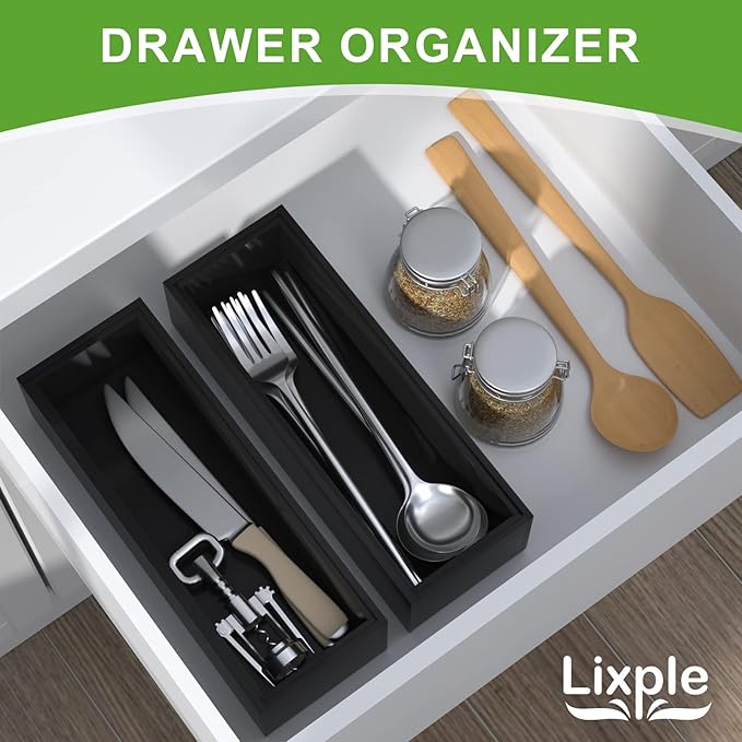 Premium Bamboo Kitchen Drawer Organizer - Set of 2, Stackable Utensils Holder, Storage Box Tray for Kitchen Drawers, Cabinet, Utensil, Silverware, Spatula, Flatware or Makeup, Vanity, Bathroom(Black)-Ruum Studio Home