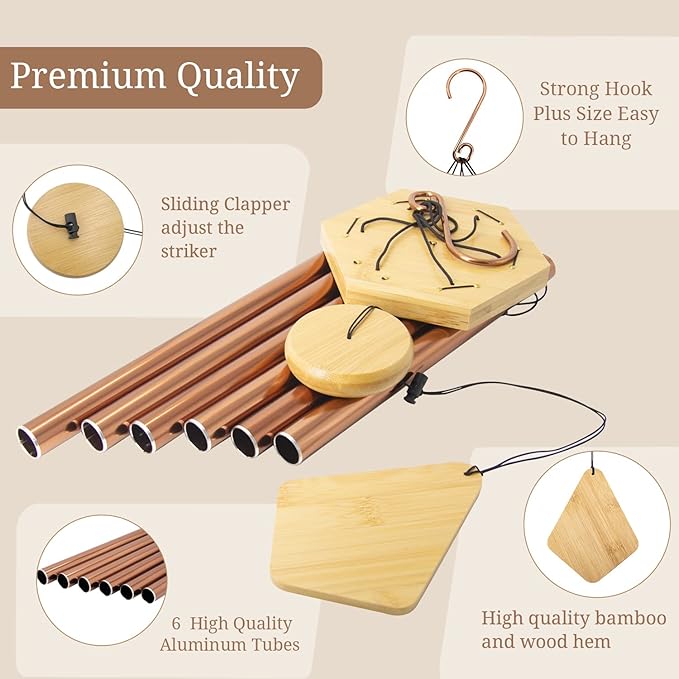 Wind Chimes Outdoor, Deep Tone Memorial Wind Chimes with Hook, Gifts for Mother's Day/Housewarming/Christmas, Patio, Garden, Yard, Home Decor, Copper-Ruum Studio Home