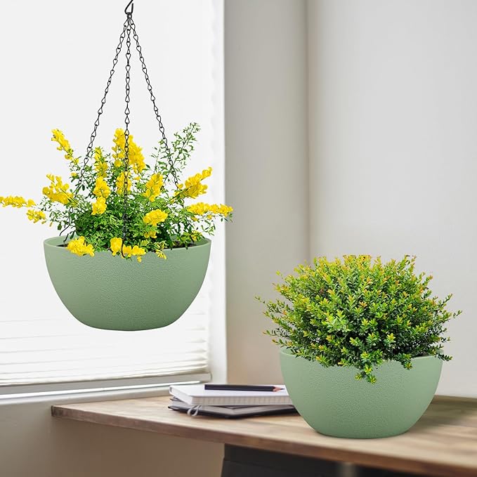8 inch Small Hanging Planters Plant Pots for Indoor Outdoor Plants, 2 Pack Hanging Flower Pots with Drainage Holes and Chain for Garden Porch, Plastic Hanging Baskets for House Plants, Green-Ruum Studio Home