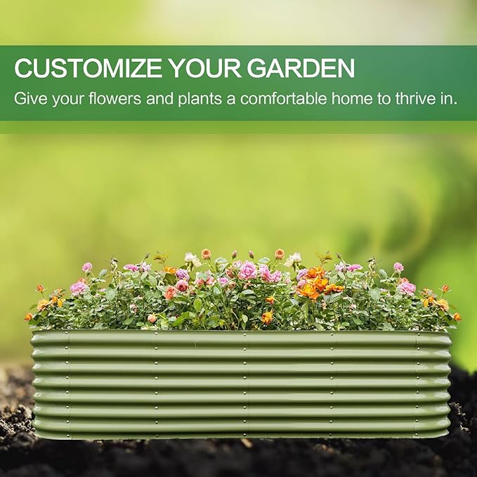 Gardmax Galvanized Raised Garden Bed, Lightweight Planter Boxes Outdoor with Easy Assembly, Large Garden Bed for Vegetables, Fruits, Flower Light Green 8x2x1.8FT-Ruum Studio Home
