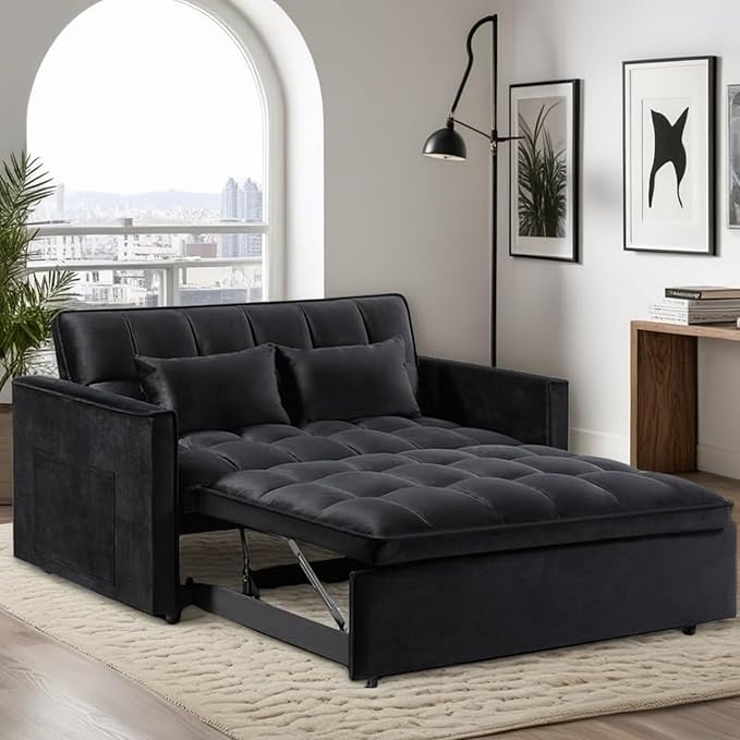 3 in 1 Convertible Sleeper Sofa Bed, Velvet Pull Out Sofas Beds with Side Pocket, 54” Adjustable Backrest Futon Sofa Bed, Love Seat Sleepers Couch for Living Room, Bedroom, Small Space, Black-Ruum Studio Home