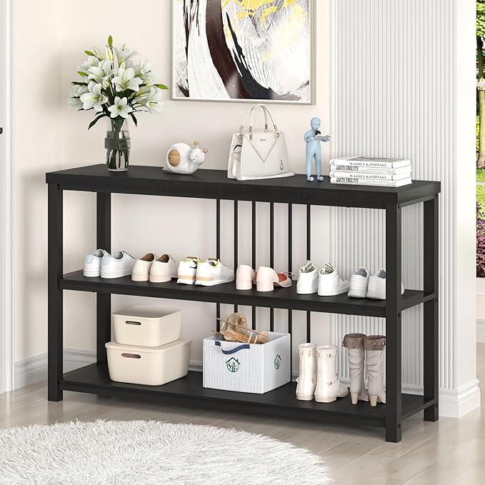 FOLUBAN Entryway Table, Modern Sofa Console Table with 3 Tier Storage Shelf for Living Room Hallway Foyer, Industrial Black Oak-Ruum Studio Home