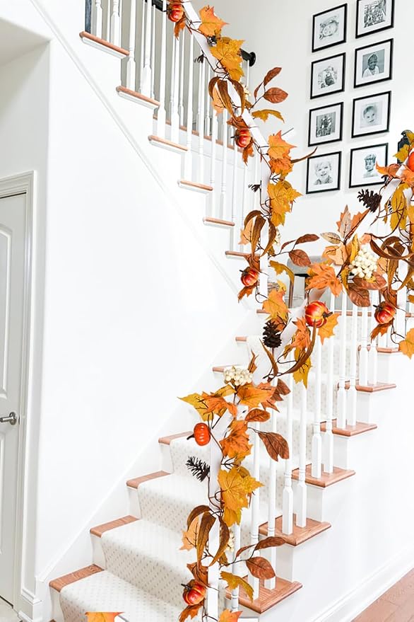 Lvydec Fall Maple Leaves Garland Decoration -6ft Artificial Fall Foliage Garland with White Pumpkins Pine Cone Autumn Decor for Halloween Thanksgiving Home Table Decor-Ruum Studio Home