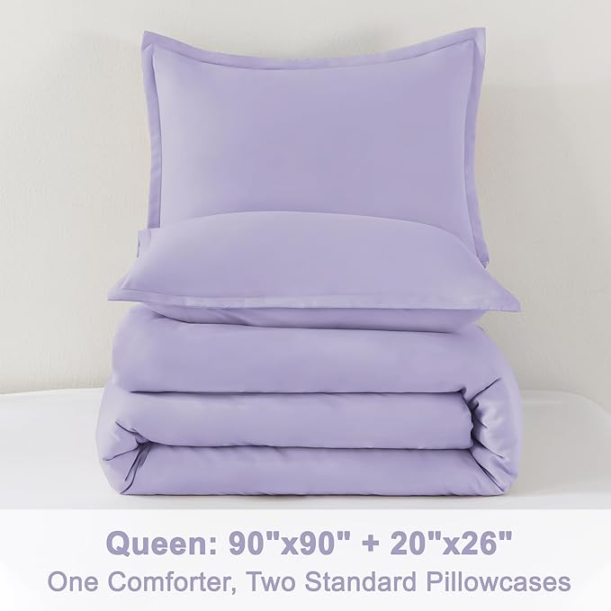 Litanika Lavender Purple Comforters Queen Size, 3 Pieces Lightweight Solid Bedding Comforter Set, All Season Fluffy Bed Set (90x90In Comforter & 2 Pillowcases)-Ruum Studio Home