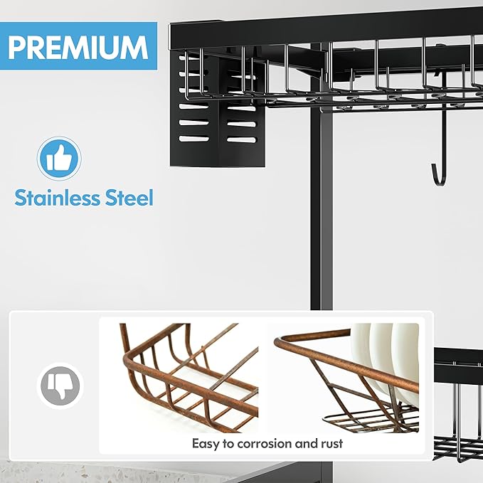 2 Tier Extra Large Stainless Steel Expandable Over The Sink Dish Drainer Drying Rack, Rust Proof Metal, Space Saving, Modern Black Big Capacity Extendable Plate Strainers Above Kitchen Counter-Ruum Studio Home