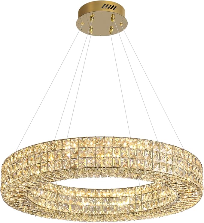 Dia 24" Modern Crystal Chandelier Gold Ring Chandelier Adjustable Height Luxury Crystal Pendant Ceiling Light Fixture for Dining Living Room Bedroom-Ruum Studio Home