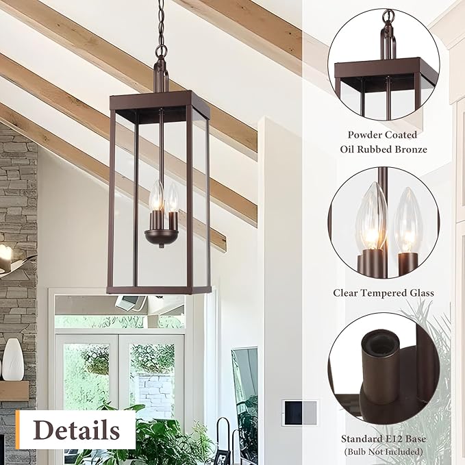 Large Outdoor Pendant Lantern Light Fixture for Front Porch, 24 Inch 3-Light Bronze Exterior Hanging Chandelier with Clear Glass, Outdoor Indoor Pendant Lamp for Patio, Gazebo, RZ008L-H ORB-Ruum Studio Home