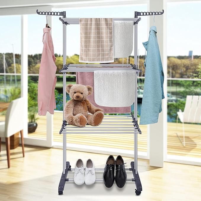 Bigzzia Clothes Drying Rack Folding Drying Rack Clothing 4 Tier Clothes Horses Rack Stainless Steel Laundry Drying Rack with Two Side Wings Grey-Ruum Studio Home