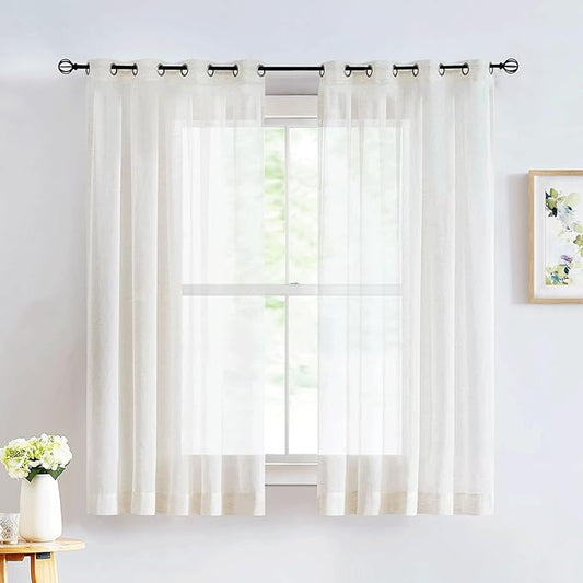 FMFUNCTEX Linen Sheer Curtains for Bedroom, Beige Curtains 63 Inch Length Short Light Filtering Draperies for Living Room, Natural Cream White Light Filtering Farmhouse Curtain Grommet Top 2 Panels-Ruum Studio Home
