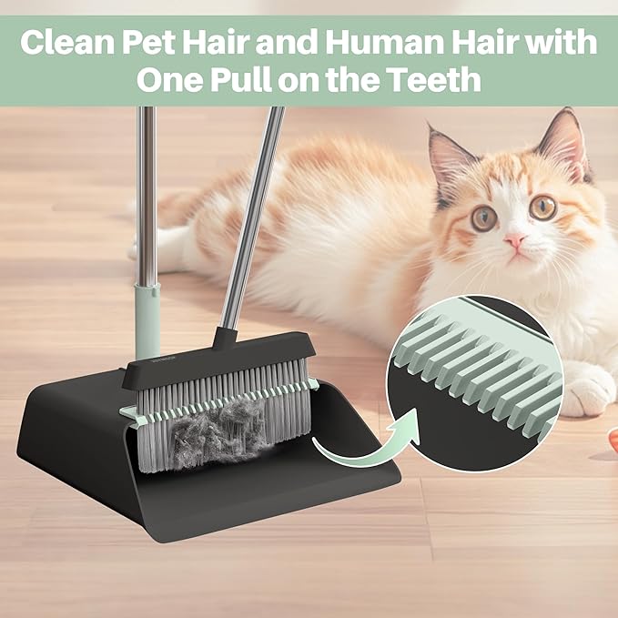 JOYMOOP Black Broom and Dustpan Set with 56” Handle, Upright Angle Design for Pet Hair and Hard Floor Sweeping-Ruum Studio Home