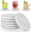 White Marble Coasters with Bling Particles, Set of 6 - Natural Marble Stone Drink Coaster with Protective Silicone Feet, 4 inch Diameter, 0.4 inch Thick - Heat-Resistant Coasters for Coffee Table-Ruum Studio Home