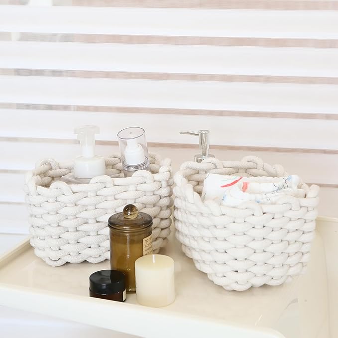 Sea Team 3-Pack Rectangle Woven Cotton Rope Storage Baskets with Handles, Shelf Basket, Closet Organizers, 3-in-1, White-Ruum Studio Home