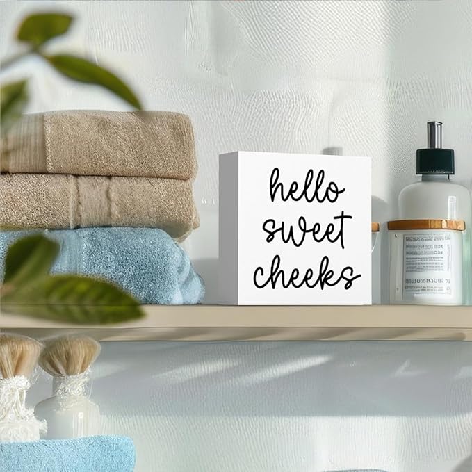 Hello Sweet Cheeks Bathroom Decor, Funny Bathroom Signs Decoration, Black and White Bathroom Decoration, Bathrooms Decor for Shelves, Wooden Box Decoration Sign for Home Farmhouse Living Room Table-Ruum Studio Home