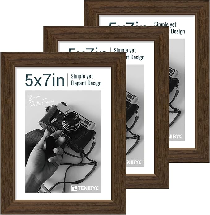 5x7 Picture Frame 3 Pack - Brown Woodgrain, Wood Photo Frame, HD Tempered Glass, Table Display or Wall Hanging-Ruum Studio Home