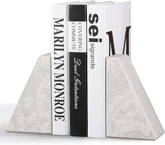 Marble Bookends for Heavy Books, Decorative Book Ends for Shelves, Durable and Heavy-Duty Bookends for Hardback Book & CDS, Off-White Unique Books Stopper & Holder, Set of 2-Ruum Studio Home