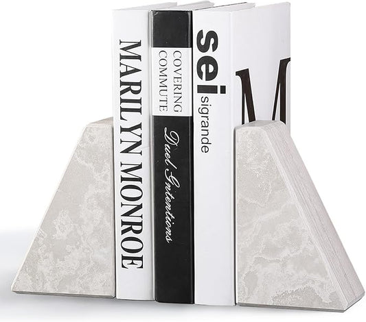 Marble Bookends for Heavy Books, Decorative Book Ends for Shelves, Durable and Heavy-Duty Bookends for Hardback Book & CDS, Off-White Unique Books Stopper & Holder, Set of 2-Ruum Studio Home