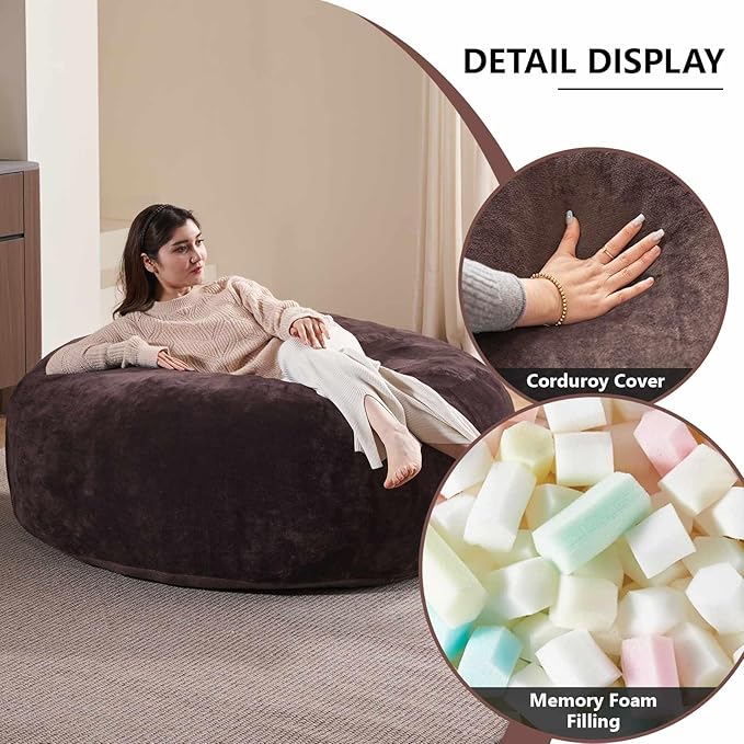 5FT，Big Bean Bag Chairs for Adults，Large beanbag with Filler Included，Memory Foam Material，Easy to Clean and Washable Corduroy Fabric，Suitable for Living Room and Bedroom (Brown, 5 Foot)-Ruum Studio Home