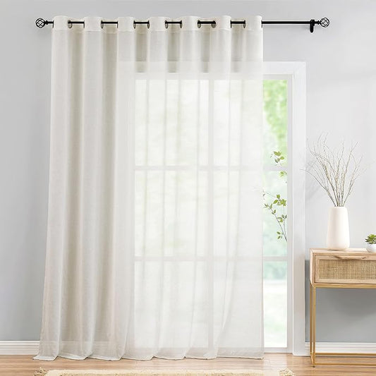 FMFUNCTEX Linen Sheer Sliding Door Curtains for Bedroom, Beige Curtains 96 Inches Long Window Curtain Drapes for Living Room, Natural Patio Glass Door Extra 100 Wide Curtain, Grommet Top 1 Panel-Ruum Studio Home