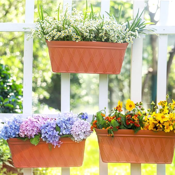 Sungmor 3 Pack Wall Hanging Planters, 16.5 Inch Railing Fence Hanging Flower Pots, Thickened Plastic Water Storage Plant Pot, Indoor Outdoor Garden Balcony Decor, Large Terracotta Color Plant Basket-Ruum Studio Home