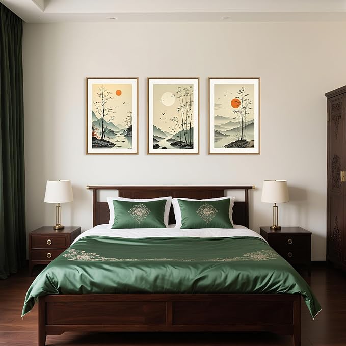 Chinoiserie Bamboo Forest Framed Canvas Wall Art Set, Nature Tree Lakes Wall Decor, Minimalist Zen Landscape Wall Painting, Watercolor Art Prints for Living Room, Bedroom, Office 16"X24"X3-Ruum Studio Home