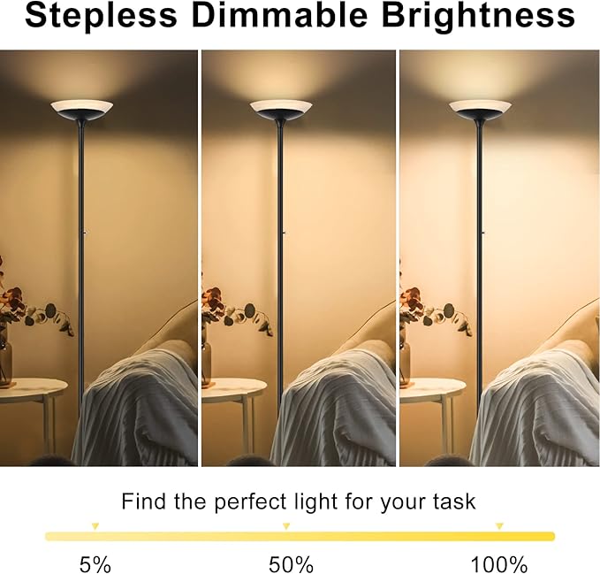BoostArea Torchiere Floor Lamp, 30W Super Bright LED Standing Lamp, Stepless Dimmable Pole Lamp with 3000K Lighting, Rotary Switch, 70 Inch Tall Metal Modern Floor Lamps for Living Room/Bedroom Black-Ruum Studio Home