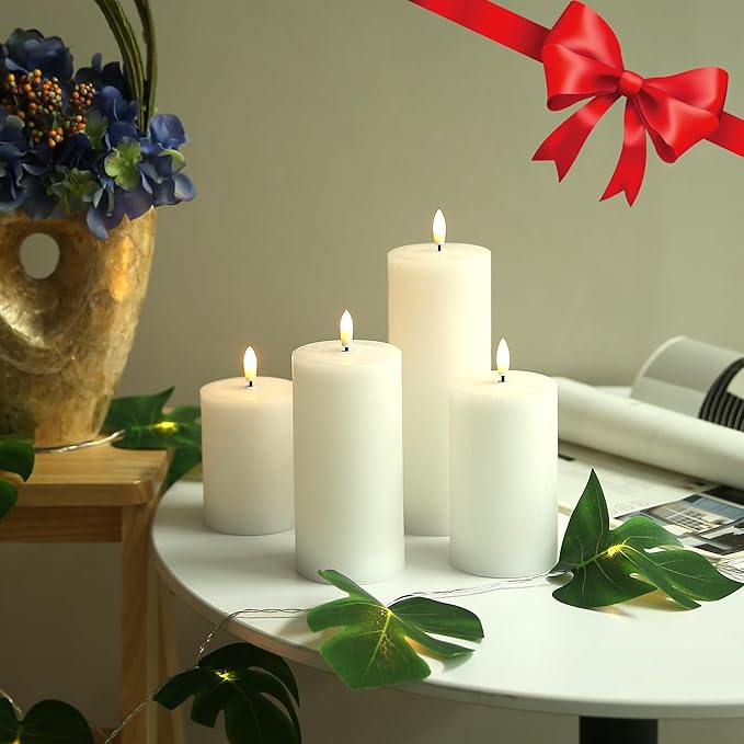 LUSHABOR Flameless Candles, 4 Pack Battery Operated Candles with Remote, Real Wax LED Fake Candles with Timer Flickering for Christmas Wedding Home Party D3 H 5" 6" 7" 9" White-Ruum Studio Home