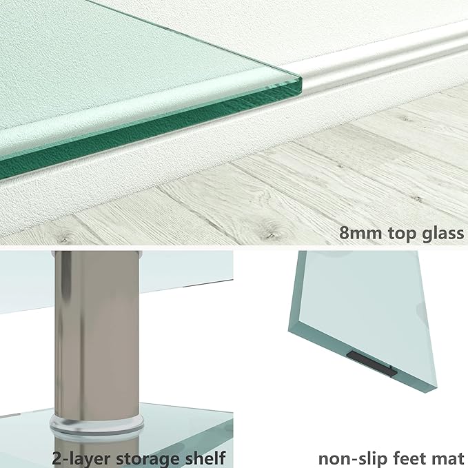 Glass Coffee Table for Living Room, Modern Rectangle All Tempered Glass Table 8mm Clear Transparent Top Home Furniture for Small Space Bearing 220LB-Ruum Studio Home