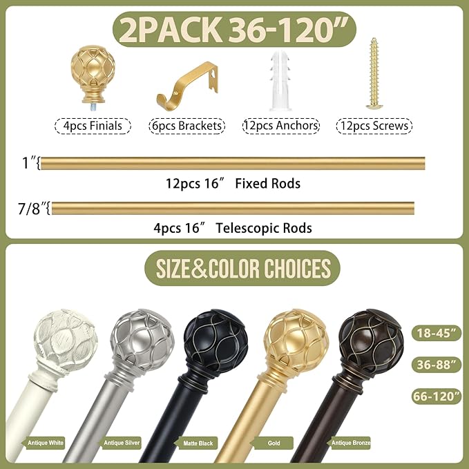 Gold Adjustable Curtain Rods for Windows:Farmhouse Heavy Duty Curtain Rod for Bedroom Living Room,Boho Decorative Rustic Drapery Rod with Vintage Coastal Finials,Brass Gold 2 Pack 66-120"-Ruum Studio Home