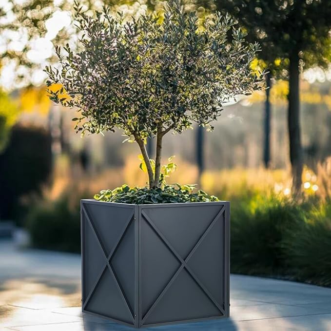 BAYN Metal Square Planter Box Tall Planters for Outdoor Plants Modern Heavy Duty with Drainage Holes for Outside Indoor Patio Deck - Grey, 17”x 17”x 18”-Ruum Studio Home