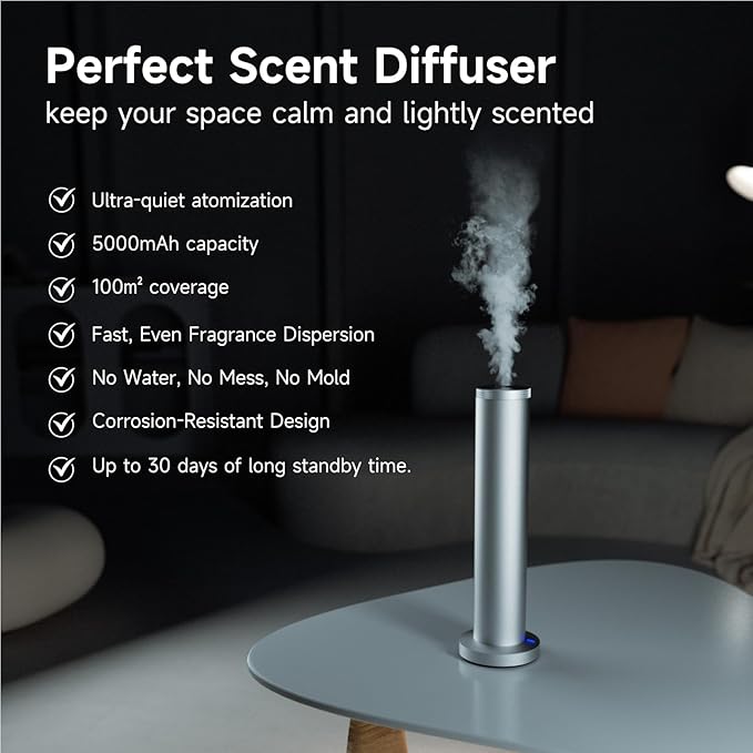 Wireless Essential Oil Diffuser: Smart Anti-Tip Aroma Diffuser with 3 Mist Modes, 1200 sq ft Coverage, Bluetooth Remote Control, Timer, Quiet Metal Body for Hotel Office Bedroom Large Home-Ruum Studio Home