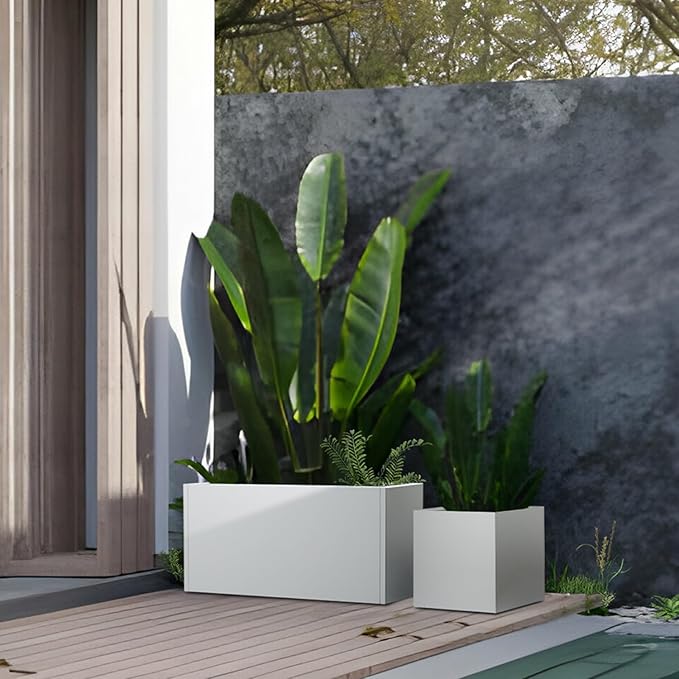 White Steel Planter Outdoor Indoor Planter Box Galvanized Steel Metal Large Planters Rectangular Flower Pot 31.5 In L x 16 In W x 16 In H Modern Commercial Residential for Trees Patio Deck Yard Garden-Ruum Studio Home