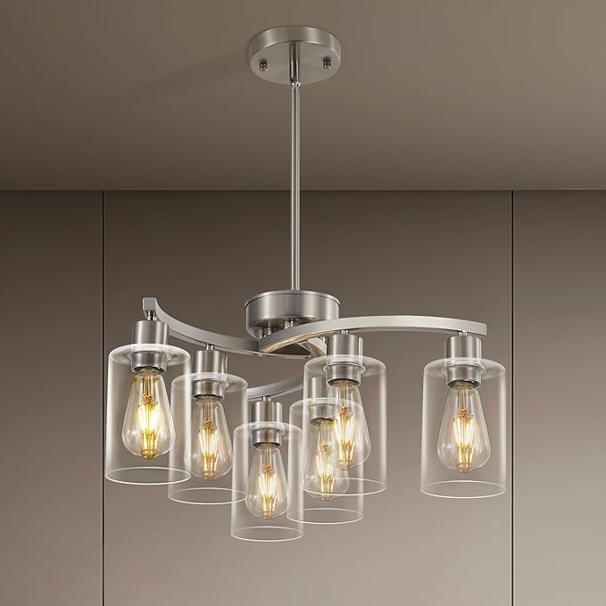 6 Light Modern Brushed Nickel Pendant Light Fixture For Dining Room，Contemporary Kitchen Light Fixtures Brushed Nickel，Adjustable Height Farmhouse Dining Chandeliers Over Table，With Glass Shade-Ruum Studio Home
