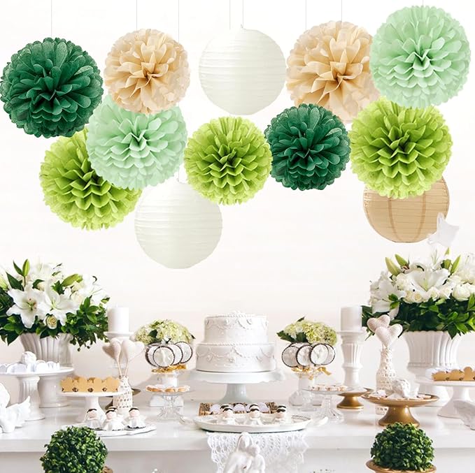Sage Green-Boho Party-Decorations Paper Flowers Lanterns - 15PCS Birthday Gender Neutral Baby Shower Tissue Pom Poms Streamers, Champagne Gold Rustic Wedding Graduation Hanging Supplies Decor Hugfond-Ruum Studio Home