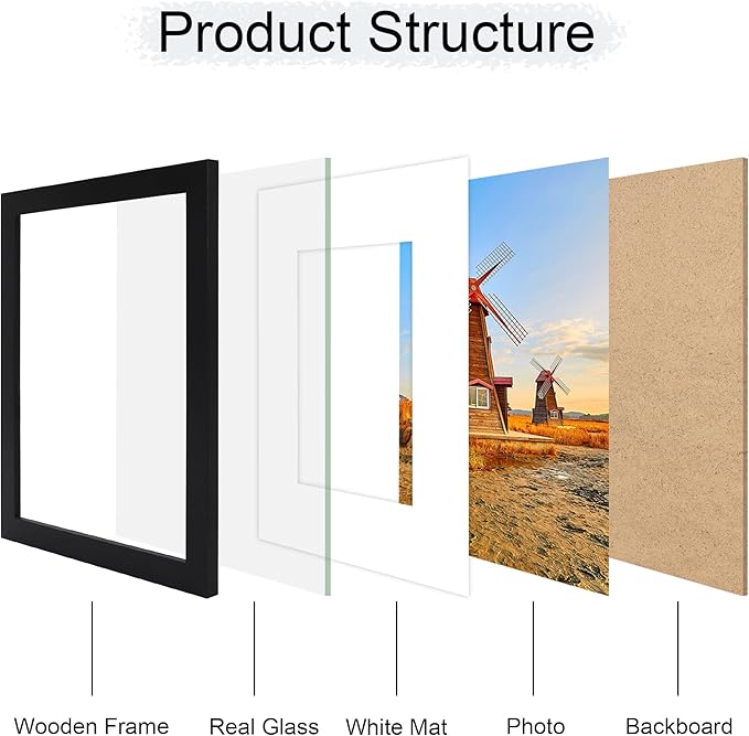 8x10 Picture Frame Set of 4, 8 x 10 Wood Photo Frames with Mat for 5x7, Wooden Frame with Real Glass Cover for Wall and Tabletop Display,Black-Ruum Studio Home