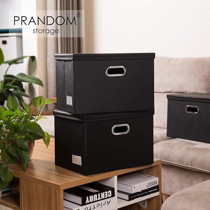 PRANDOM Large Foldable Storage Bins with Lids [3-Pack] Leather Fabric Collapsible Storage Boxes Organizer Containers Baskets Cube with Cover for Home Bedroom Closet Office Black(17.7x11.8x11.8)-Ruum Studio Home