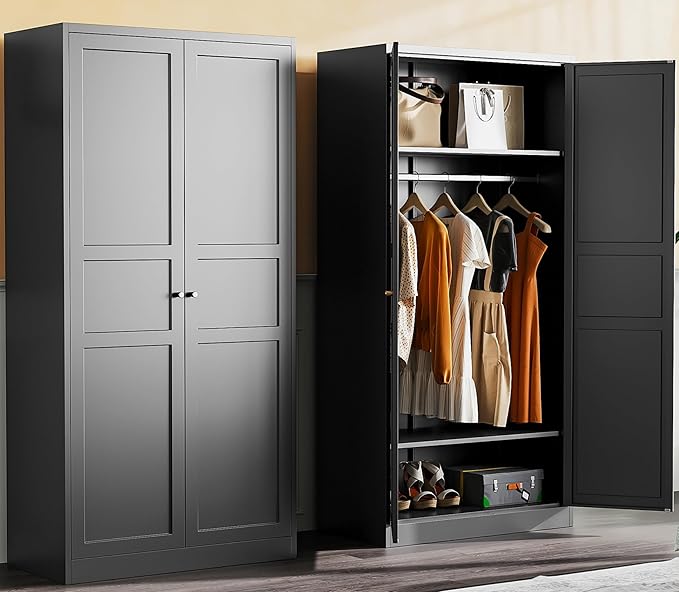 SISESOL Metal Wardrobe Cabinet with Hanging Rod,Black Armoire Wardrobe Closet,Metal Clothing Storage Cabinet with Adjustable Shelves and Doors,72" Cloth Storage Cabinets for Home,Living/Laundry Room-Ruum Studio Home